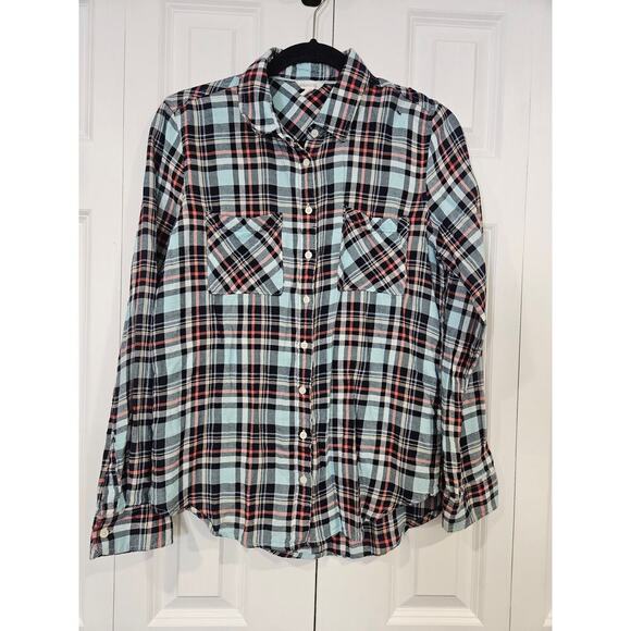 Aeropostale Womens Button Down Flannel L Blue Red Plaid Front Pocket Long Sleeve - Picture 1 of 7